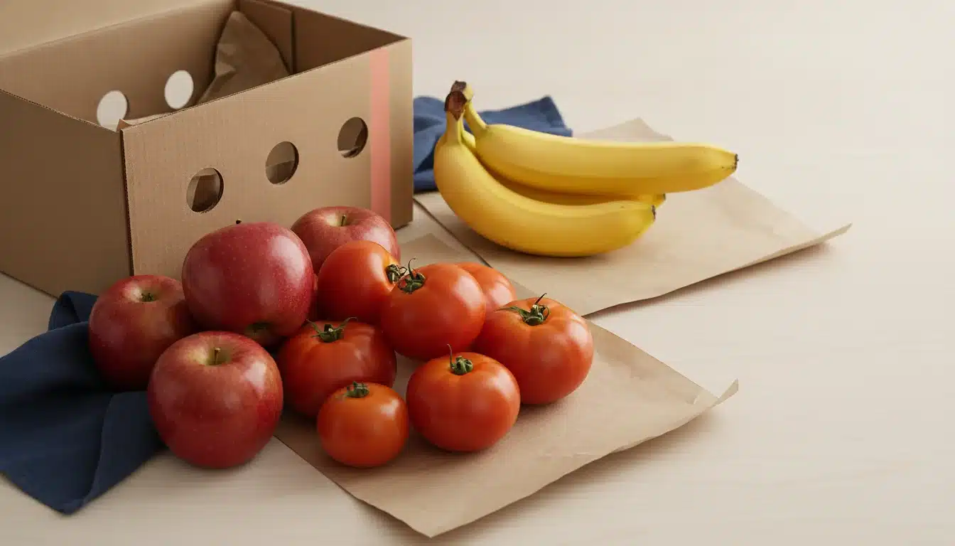 Apples, tomatoes and bananas beside a ventilated produce box ready to ship