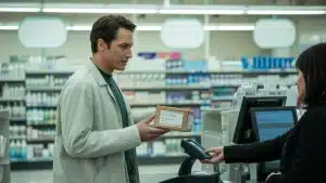 Dropping off a prepaid UPS package at a drugstore counter that serves as a UPS Access Point.