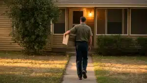 A delivery driver arriving at a home in the late afternoon — the window when UPS delivers most residential packages.